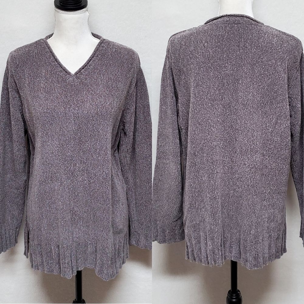 VINTAGE Y2K Classic Elements Purple Mixed Knit Chenille Rolled V-neck Sweater L